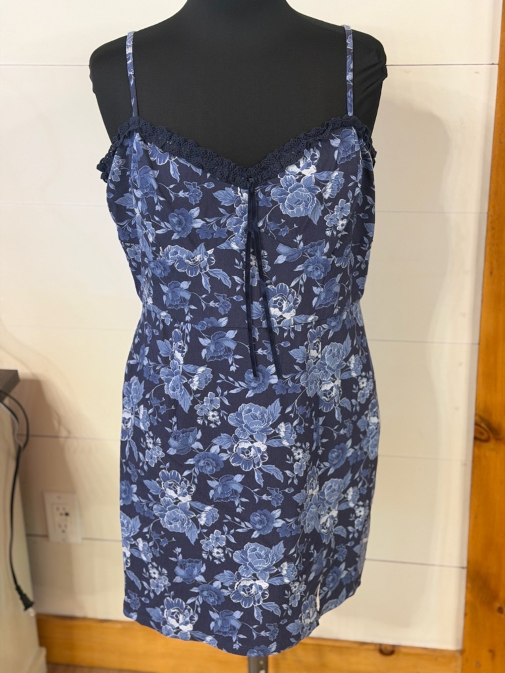 Francesca's Navy Floral Zip Dress with Light Blue Blooms